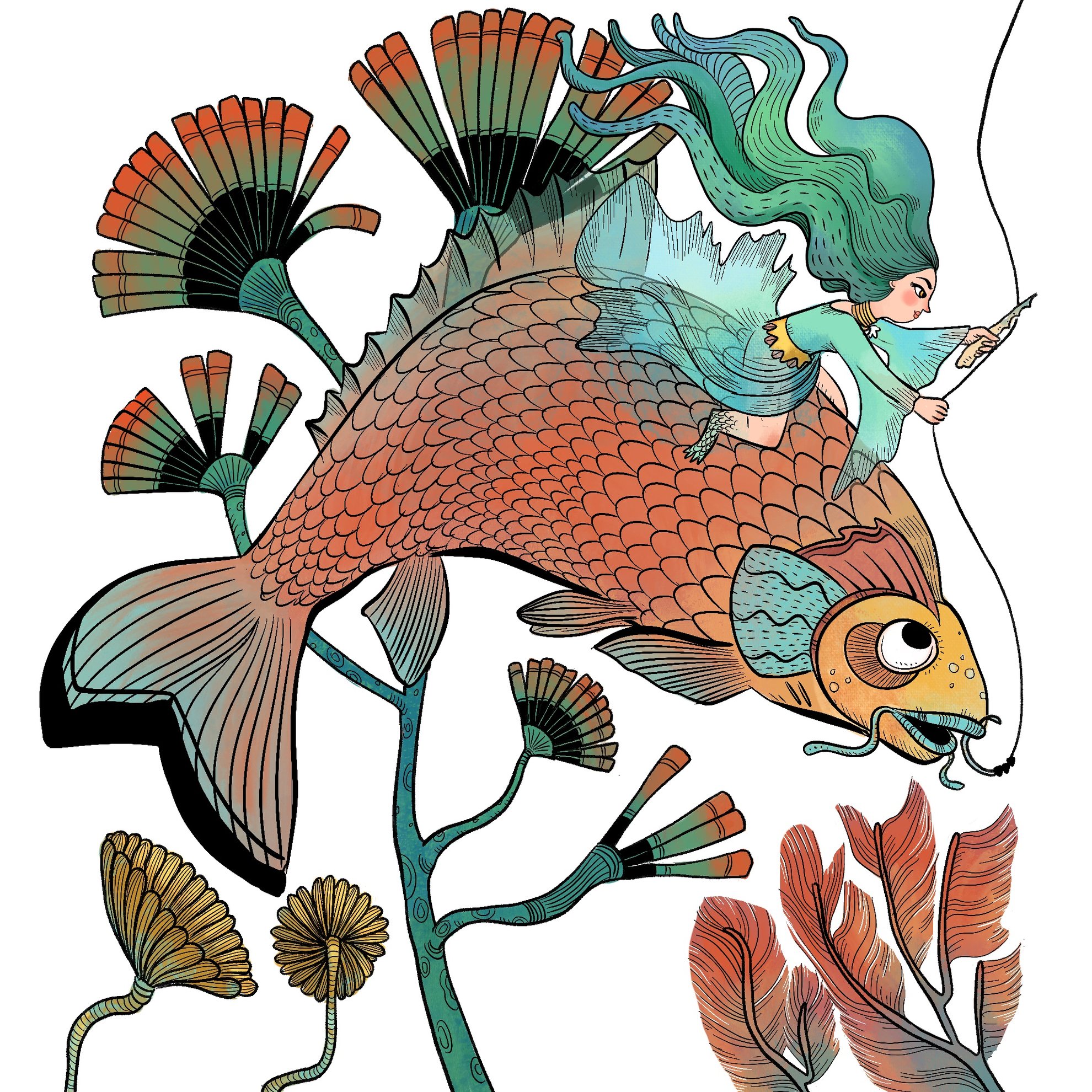 Illustration by Caroline Romanet — witch riding a giant goldfish
